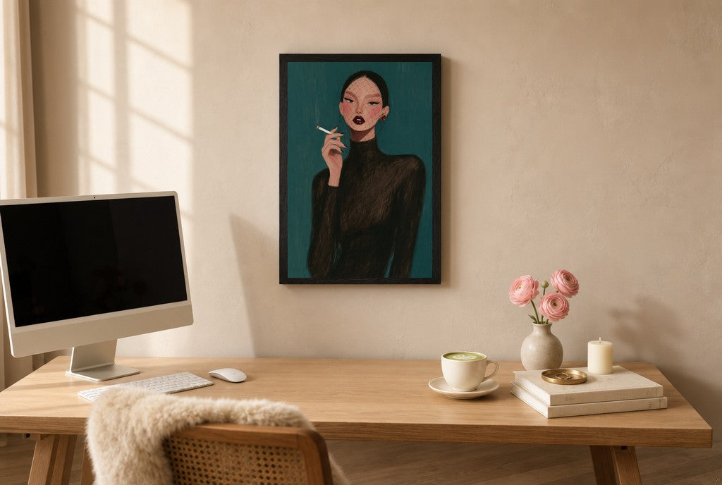Framed Fishnet Veil, Teal hung above a mid-century walnut console with ceramics.