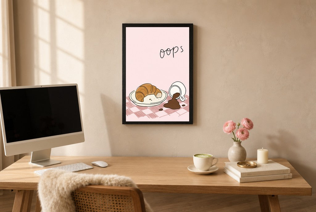 Framed Oops, Croissant hung above a mid-century walnut console with ceramics.