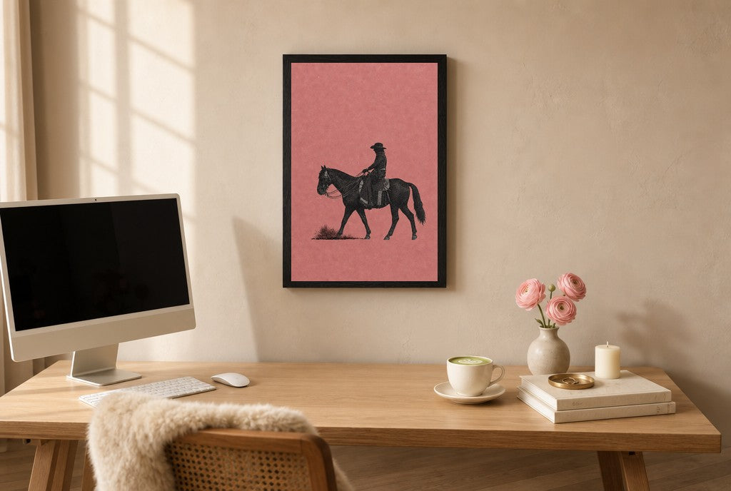Framed Cowgirl, Dusty Pink hung above a mid-century walnut console with ceramics.