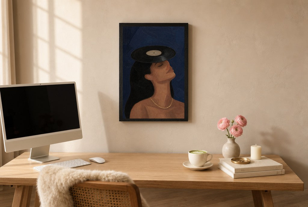 Framed Vinyl on Her Head hung above a mid-century walnut console with ceramics.