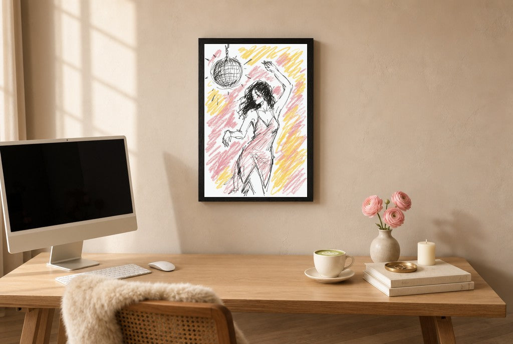 Framed Disco Ball, Crayon hung above a mid-century walnut console with ceramics.