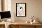 Framed Disco Ball, Crayon hung above a mid-century walnut console with ceramics.