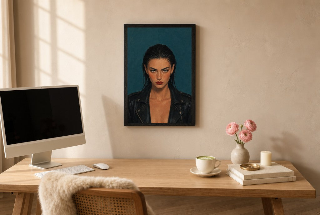 Framed Leather Jacket, Teal hung above a mid-century walnut console with ceramics.