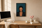 Framed Leather Jacket, Teal hung above a mid-century walnut console with ceramics.