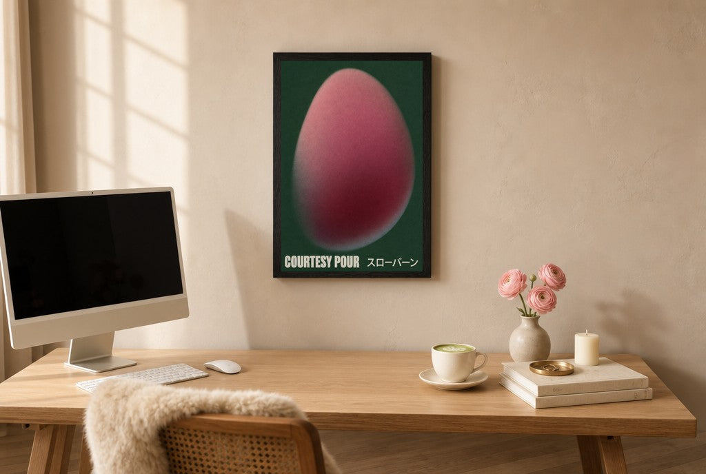 Framed Courtesy Pour, Capsule hung above a mid-century walnut console with ceramics.
