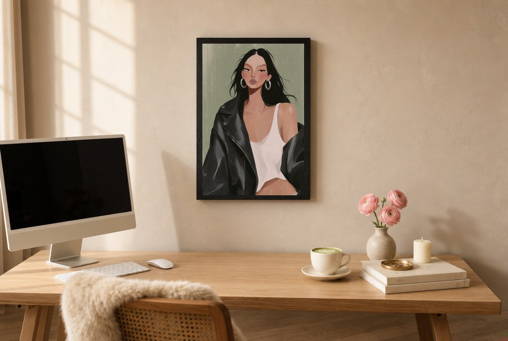 Framed Leather Jacket, Sage hung above a mid-century walnut console with ceramics.