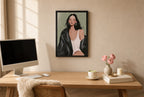 Framed Leather Jacket, Sage hung above a mid-century walnut console with ceramics.