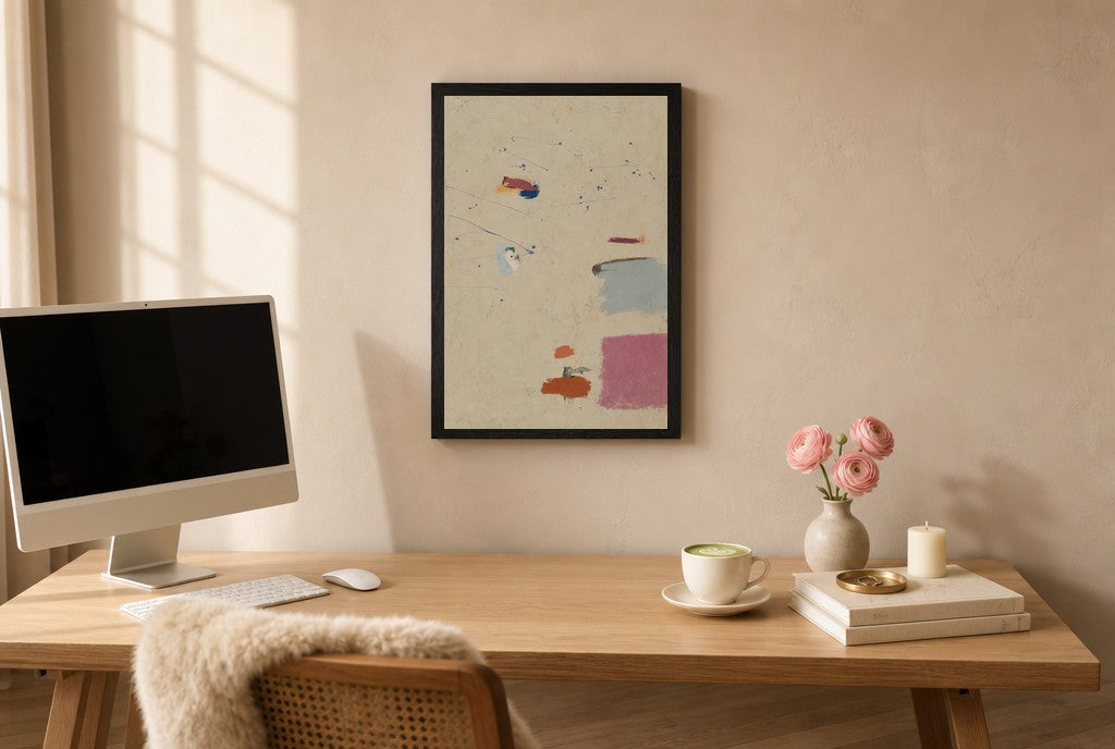 Framed Quiet Marks, Cream hung above a mid-century walnut console with ceramics.