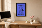 Framed Walk of Glory hung above a mid-century walnut console with ceramics.