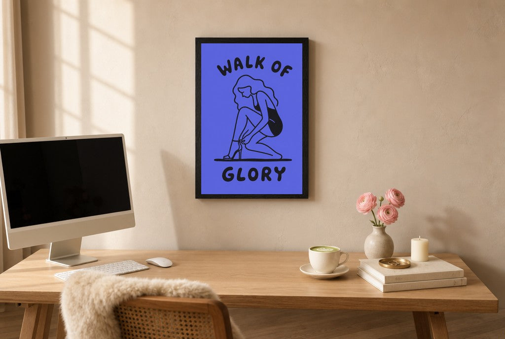 Framed Walk of Glory hung above a mid-century walnut console with ceramics.