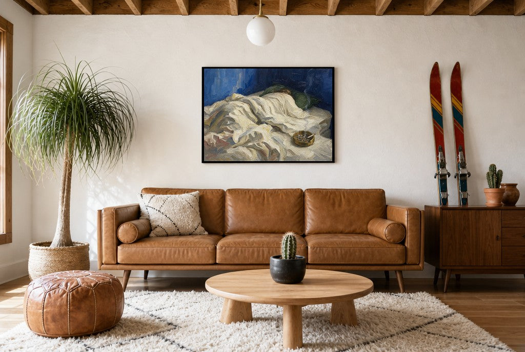 Framed Sheets, Ashtray hung above a mid-century walnut console with ceramics.
