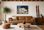 Framed Sheets, Ashtray hung above a mid-century walnut console with ceramics.
