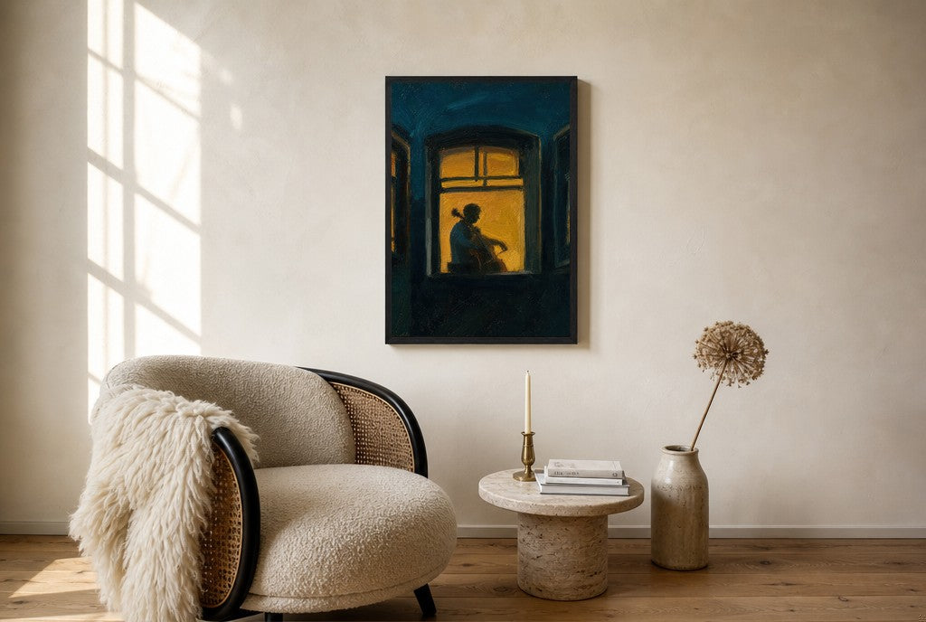 Teal Night, Cellist, floor-leaning in living room