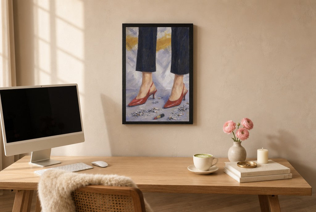 Framed Red Heels, Ash hung above a mid-century walnut console with ceramics.