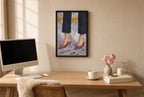 Framed Red Heels, Ash hung above a mid-century walnut console with ceramics.