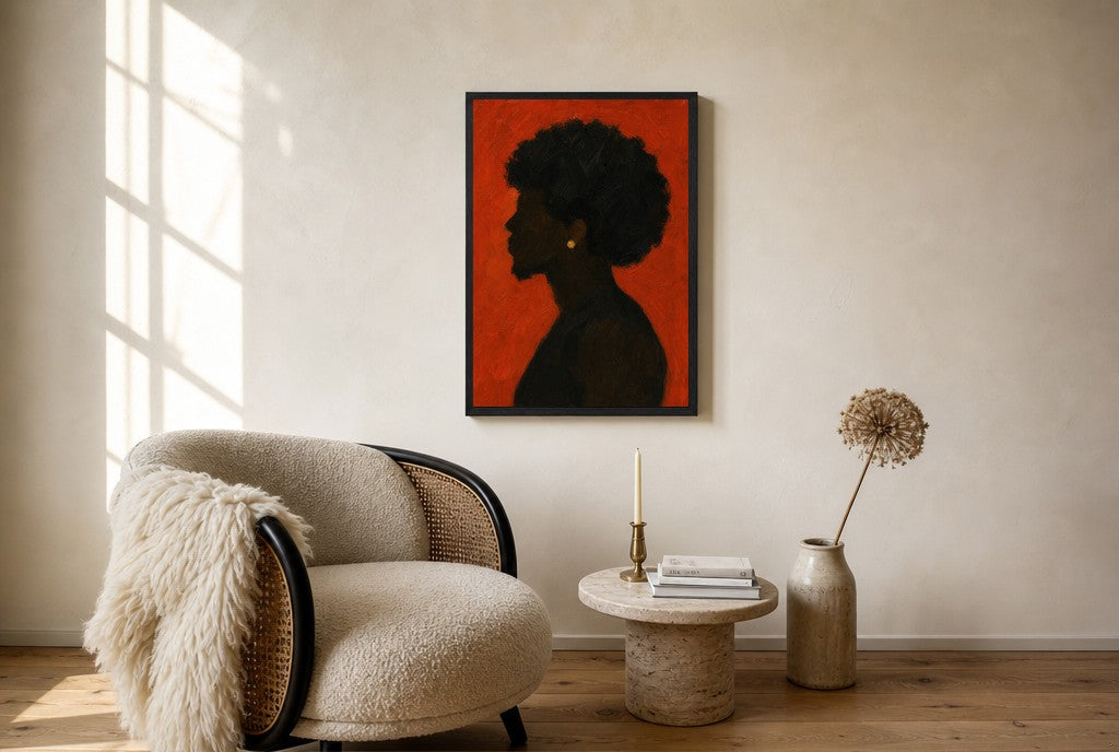 Dark Afro, Burnt Orange, floor-leaning in living room