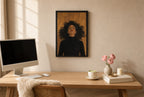 Framed Hair on Floor hung above a mid-century walnut console with ceramics.