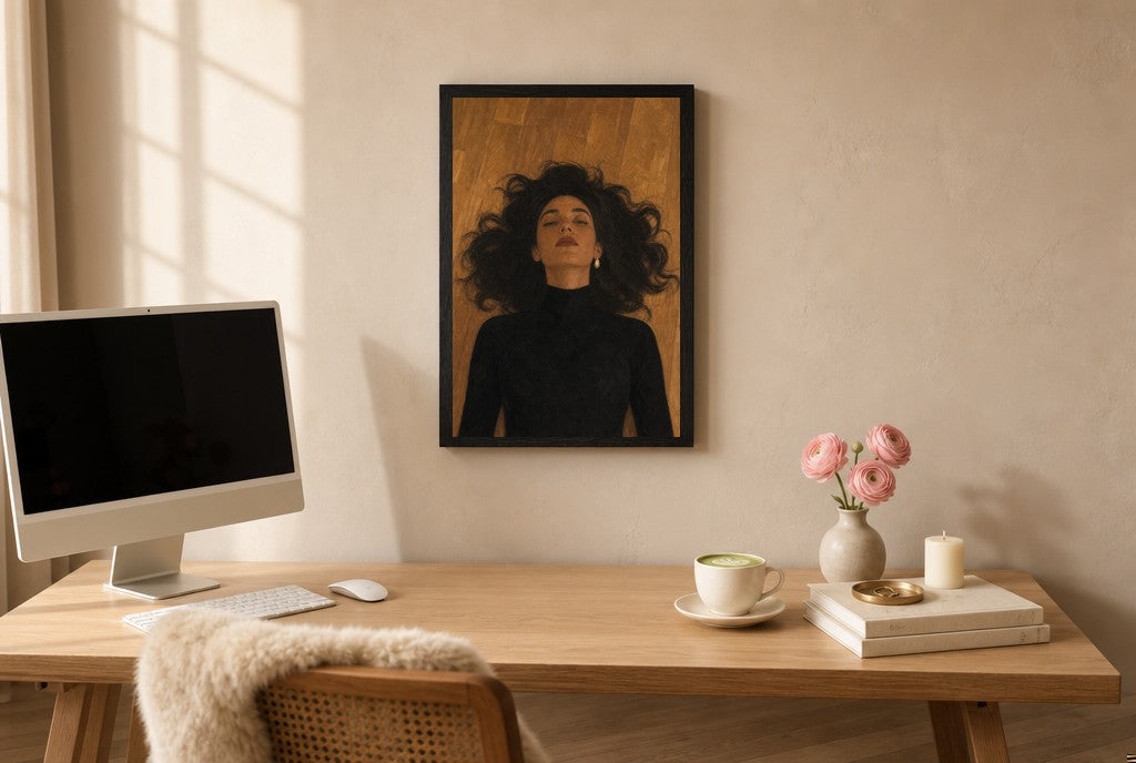 Framed Hair on Floor hung above a mid-century walnut console with ceramics.