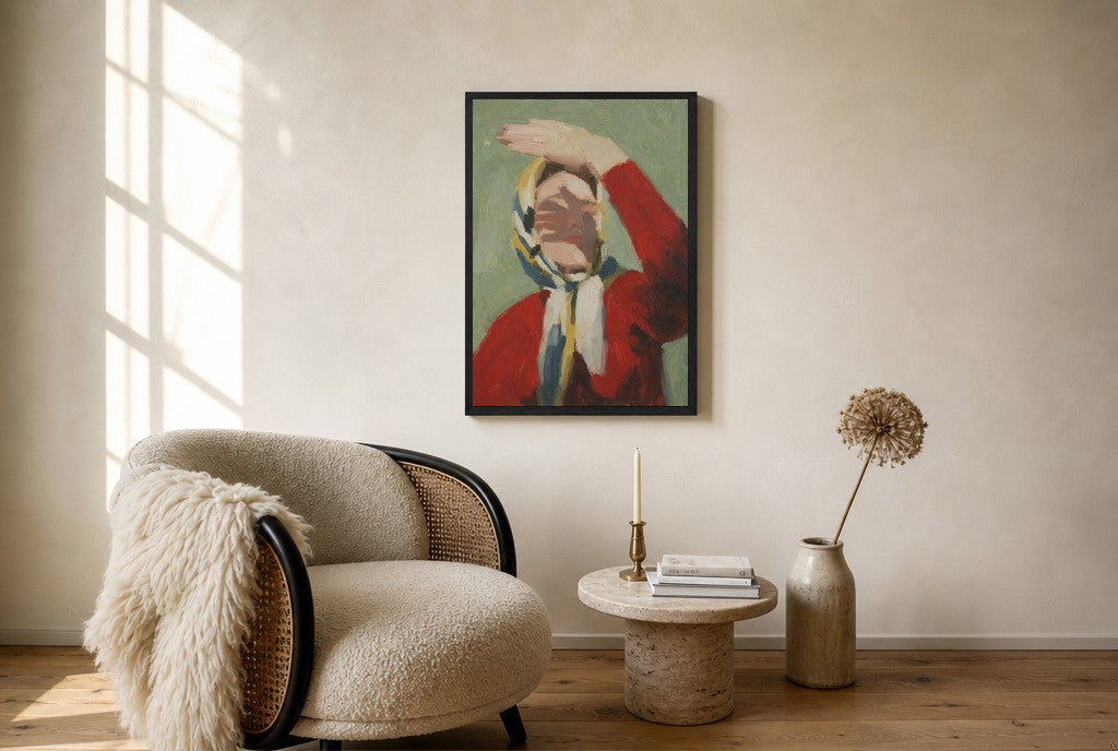 Red Jacket, Sage, floor-leaning in living room