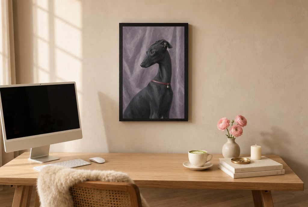 Framed Black Greyhound, Red Collar hung above a mid-century walnut console with ceramics.