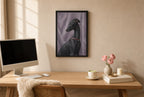 Framed Black Greyhound, Red Collar hung above a mid-century walnut console with ceramics.