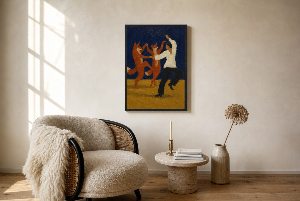 White Shirt, Red Foxes, floor-leaning in living room