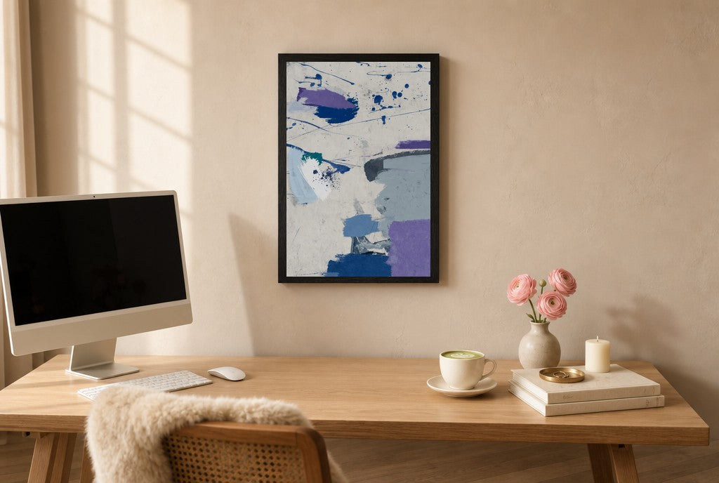 Framed Cool Marks, Cream hung above a mid-century walnut console with ceramics.