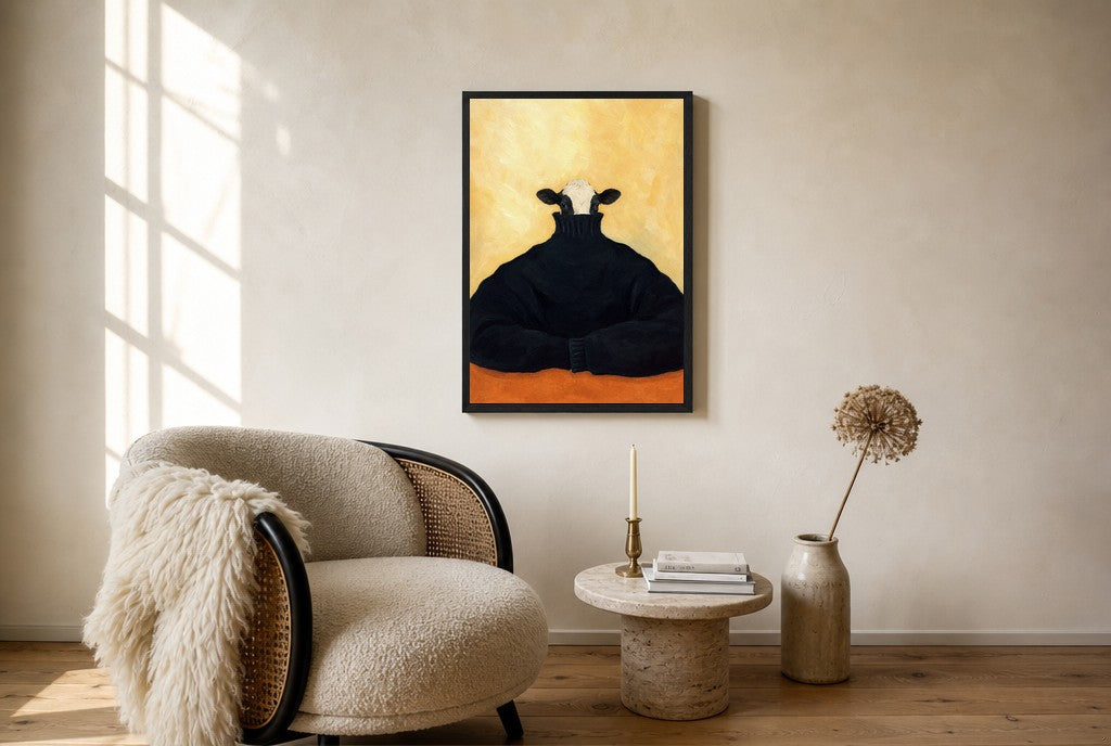 Oversized Sunday Turtleneck leaning at the baseboard of a sunlit living room.