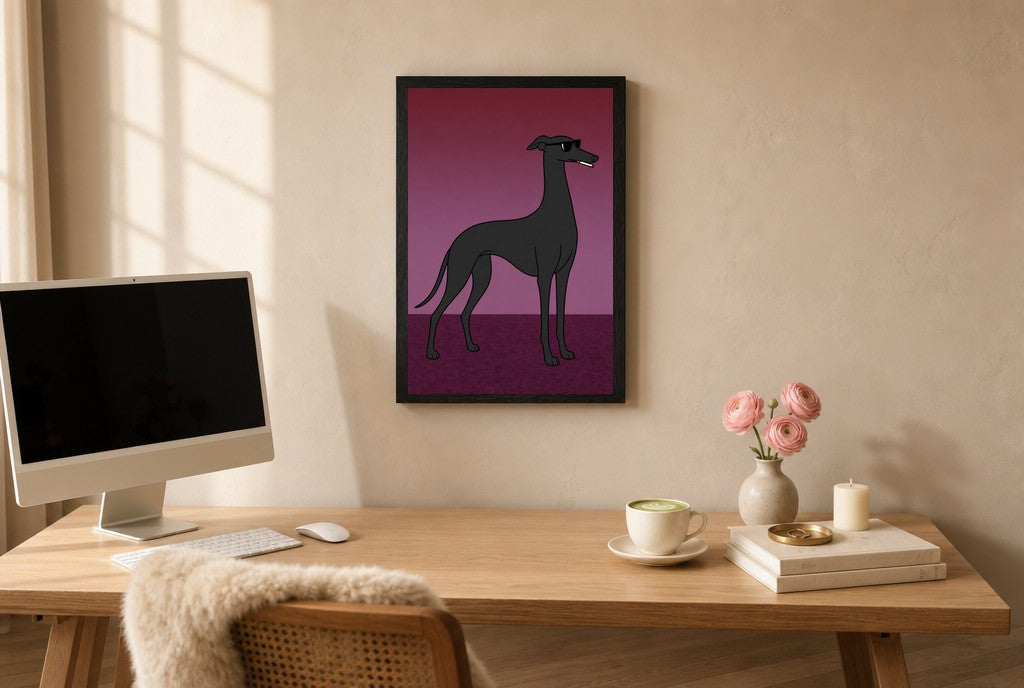 Framed Greyhound, Smoking hung above a mid-century walnut console with ceramics.