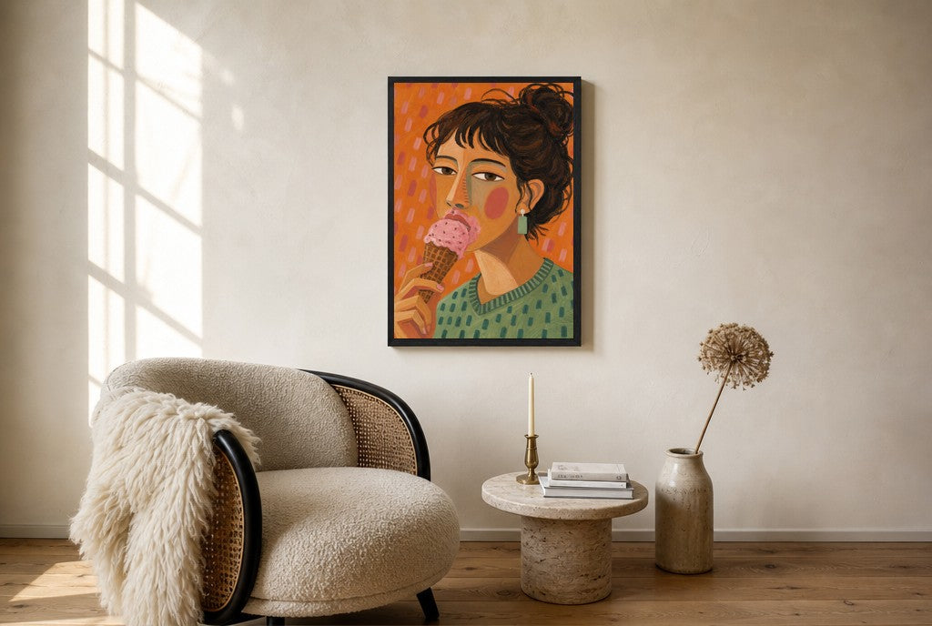 One Scoop, No Regrets, floor-leaning in living room