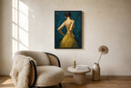 Gold Dress, Teal, floor-leaning in living room