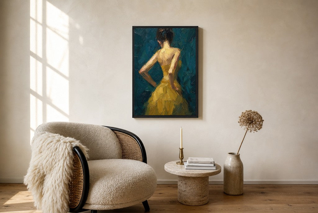 Gold Dress, Teal, floor-leaning in living room