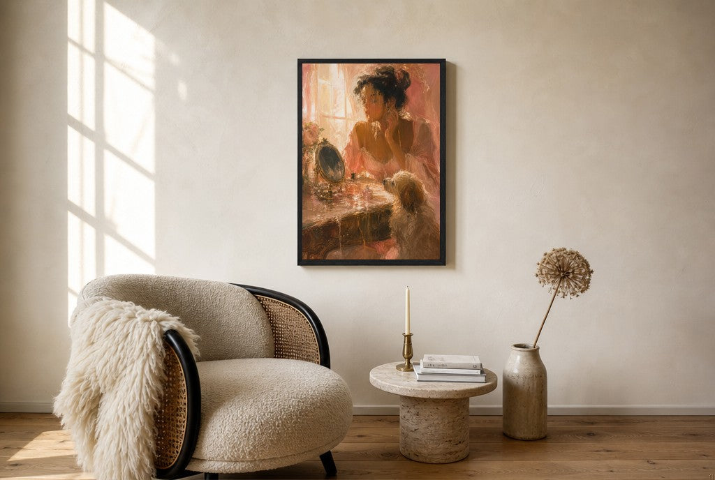 Two of Her, in Green, floor-leaning in living room