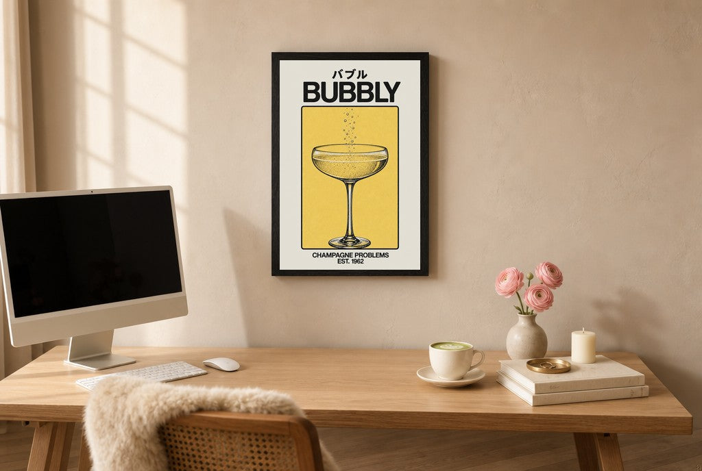 Framed Champagne Problems hung above a mid-century walnut console with ceramics.