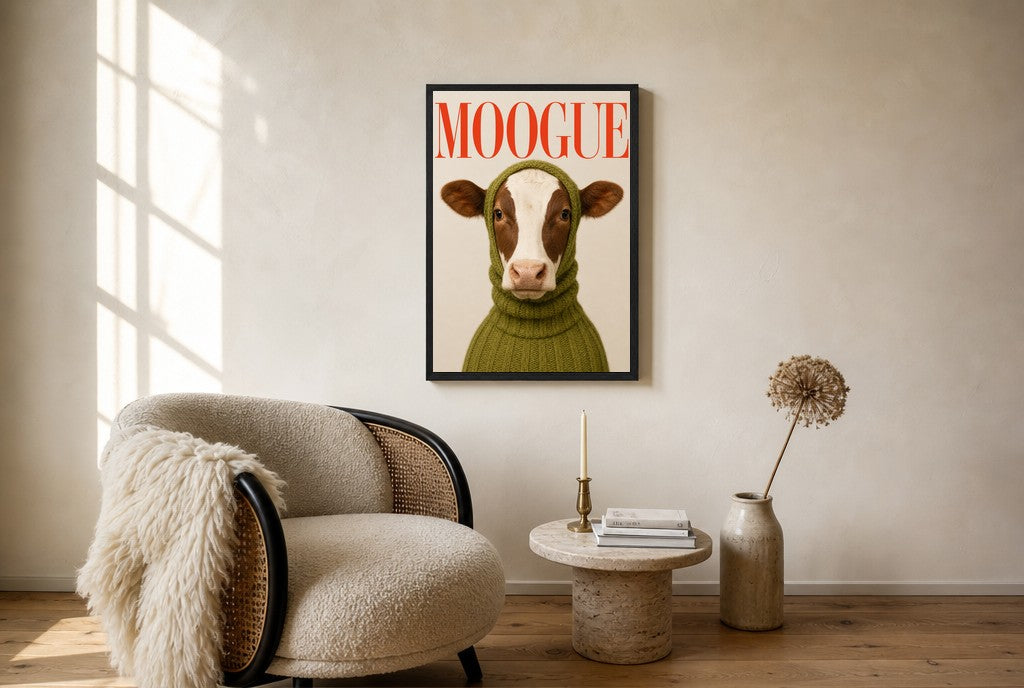 Oversized MOOGUE leaning at the baseboard of a sunlit living room.