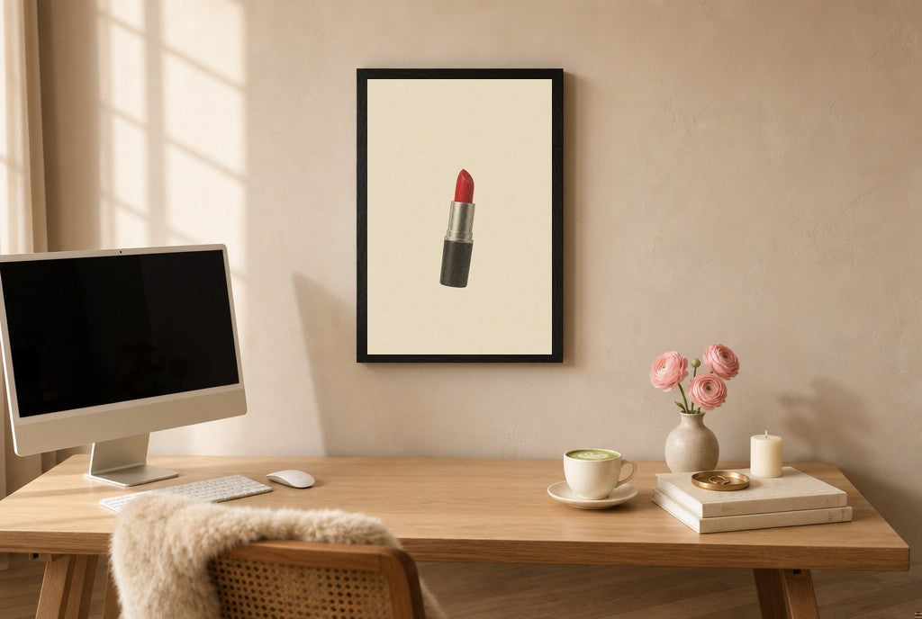 Framed One Lipstick, Cream hung above a mid-century walnut console with ceramics.