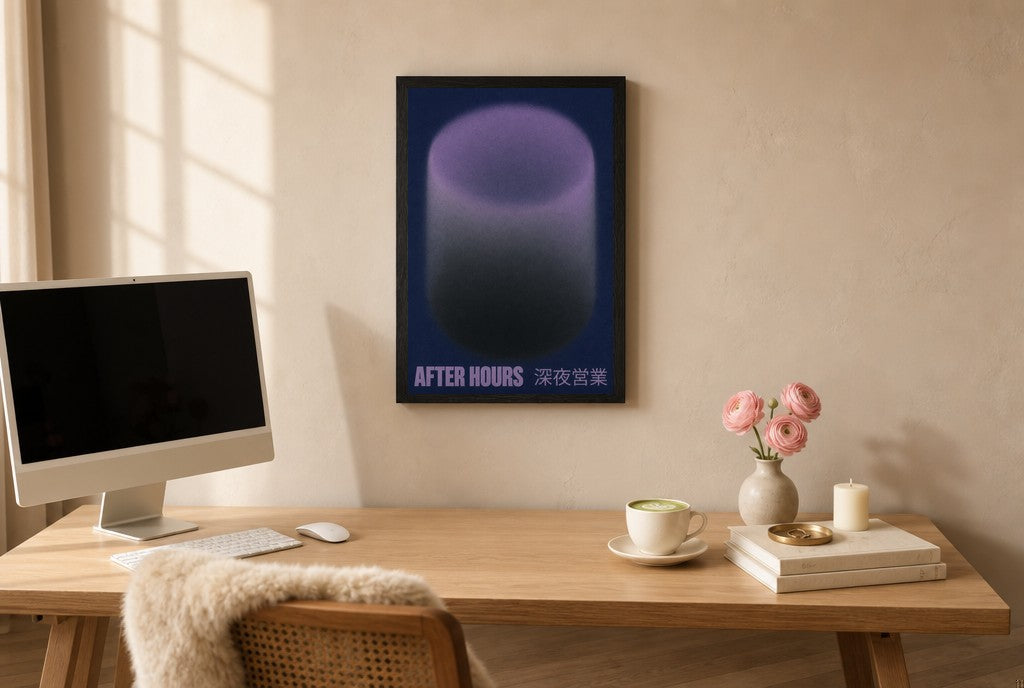 Framed After Hours, Purple hung above a mid-century walnut console with ceramics.