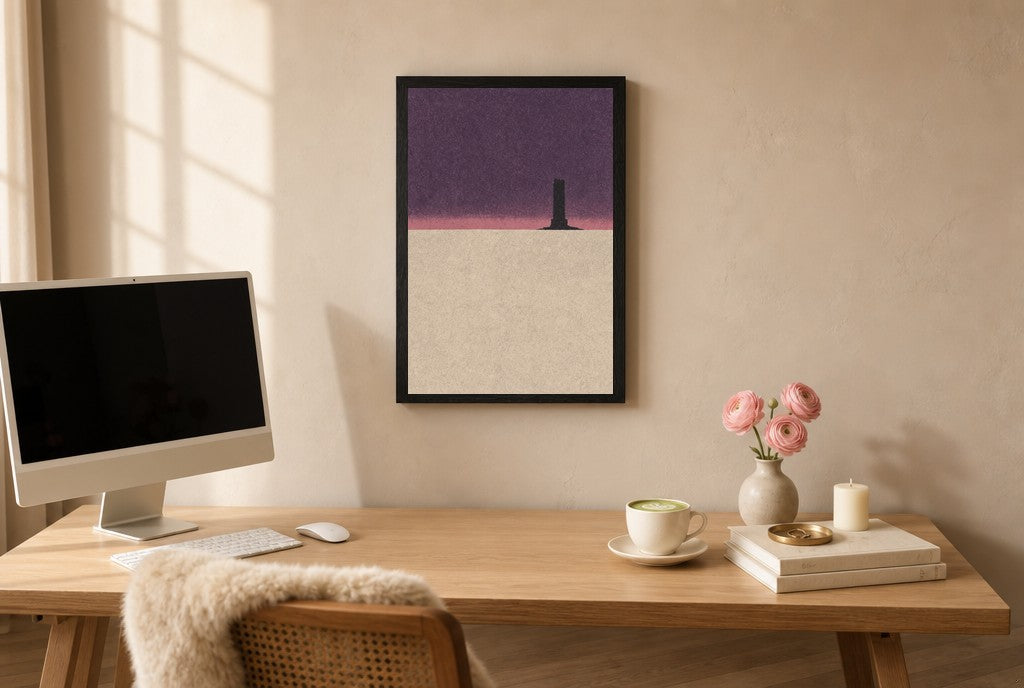 Framed Lone Tower, Pink Sky hung above a mid-century walnut console with ceramics.