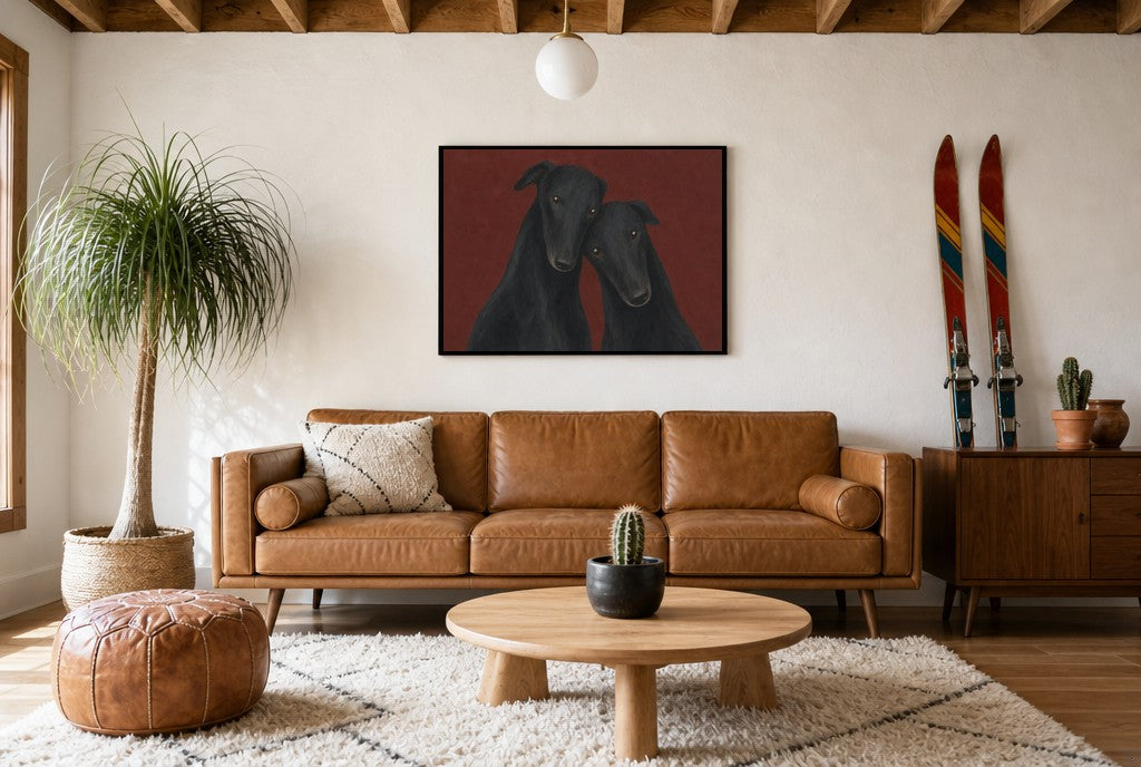 Framed Two Greyhounds, Oxblood hung above a mid-century walnut console with ceramics.
