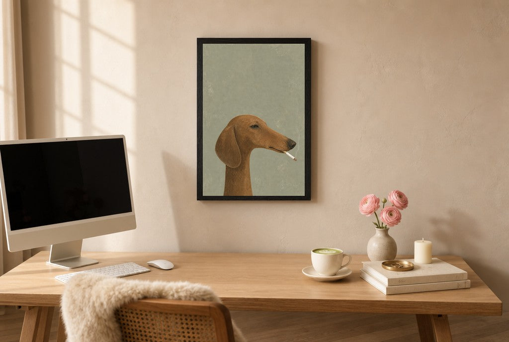 Framed Whippet, Cigarette hung above a mid-century walnut console with ceramics.