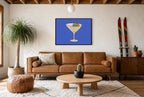 Framed Angry Olive, Martini hung above a mid-century walnut console with ceramics.
