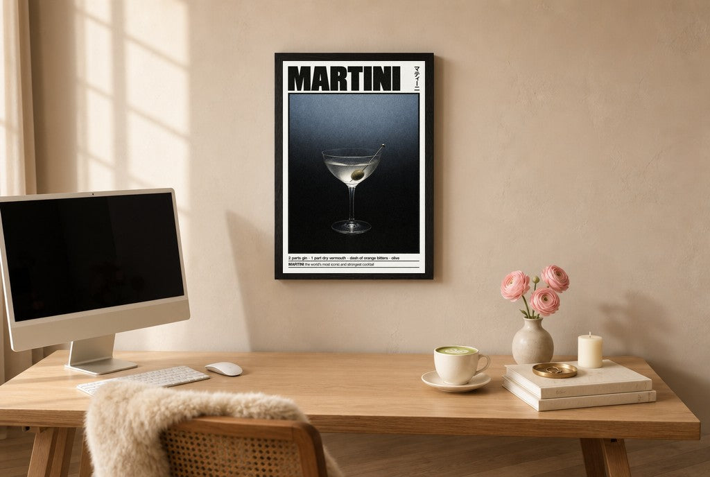 Framed Martini Recipe hung above a mid-century walnut console with ceramics.