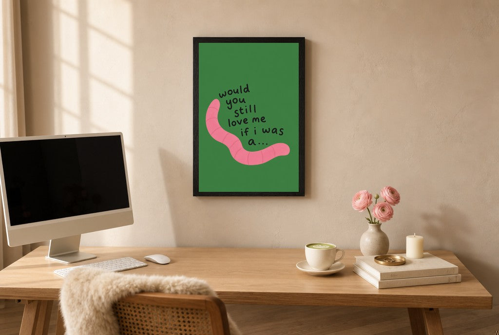 Framed Would You Still Love Me hung above a mid-century walnut console with ceramics.