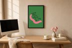 Framed Would You Still Love Me hung above a mid-century walnut console with ceramics.