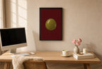 Framed One Olive, Oxblood hung above a mid-century walnut console with ceramics.