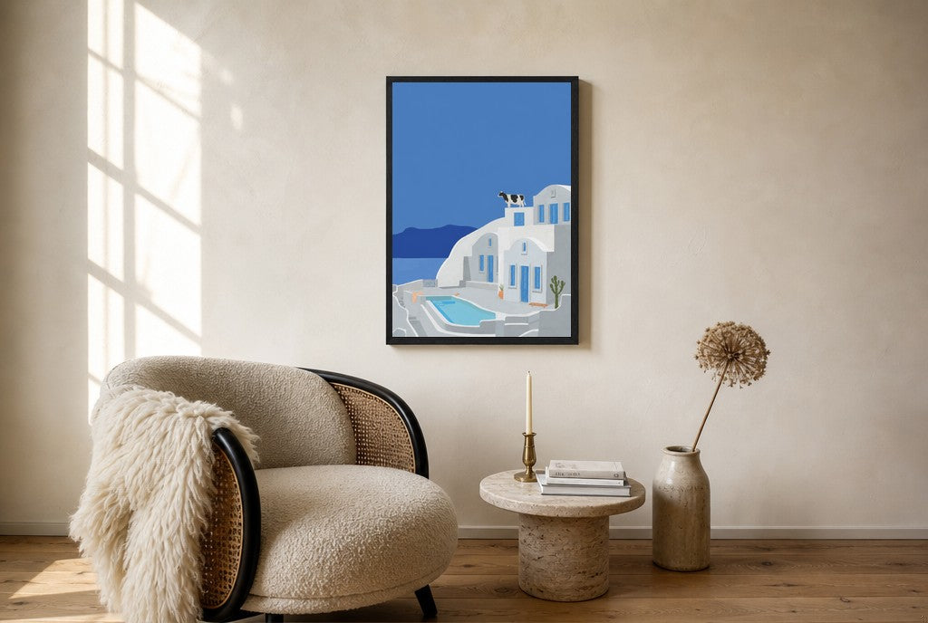 Oversized Santorini, Solo leaning at the baseboard of a sunlit living room.