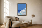 Oversized Santorini, Solo leaning at the baseboard of a sunlit living room.