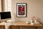 Framed Smoke Break, 1962 hung above a mid-century walnut console with ceramics.