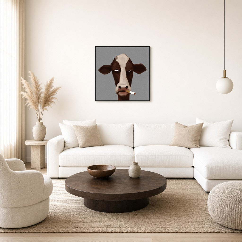 Oversized Cigarette, Square leaning at the baseboard of a sunlit living room.