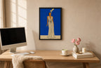Framed Striped Gown, Cobalt hung above a mid-century walnut console with ceramics.
